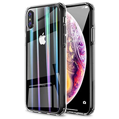 ROYBENS iPhone Xs Max Clear Case, Transparent Thin Glass Cover Holographic Design, Slim fit Hard Back Soft TPU Bumper, Anti-Yellow Cute Protective Case Compatible for i-Phone Xs Max 6.5", Iridescent