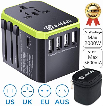 International Adapter for Travel, Dual Voltage Hair Dryer, Straightener, Curling Iron Travel Adapter with 5 Fast USB Charger,Type-C,8A Worldwide AC Outlet Max 2000W UK US AU Asia 200  (Green)
