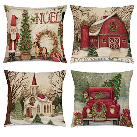 Hlonon Christmas Pillow Covers 18 x 18 Inches Set of 4 - Xmas Series Cushion Cover Case Pillow Custom Zippered Square Pillowcase (1 Christmas)