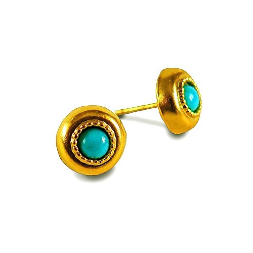 12 mm Studs Earrings For Women Gold Plated Handmade Round Button 5mm Cabochon Natural Turquoise Gemstone (Nickel Free) Southwestern Style Native American Everyday Earrings Ethnic Jewelry