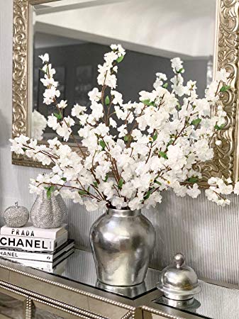 Larskilk Christmas White Cherry Blossom Flowers, Four 36 Inch Blossom Branches, Wedding, Party, Event, Xmas Holiday Décor, Japan's National Flower