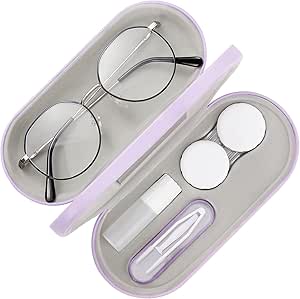 MoKo Double Eyeglass Case, Contact Lens Case with Mirror Tweezers Remover, 2 in 1 Double Sided Portable Contact Lens Box Holder Container Soak Storage Kit Sunglasses Pouch for Men & Women, Lilac