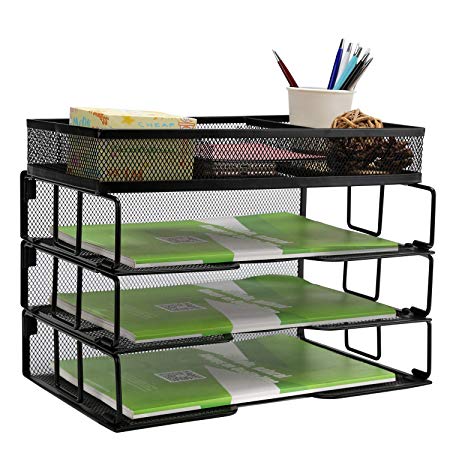 ProAid Mesh Desk Organizer with Sorter, 3 Tier Stackable Letter Paper Trays, Black