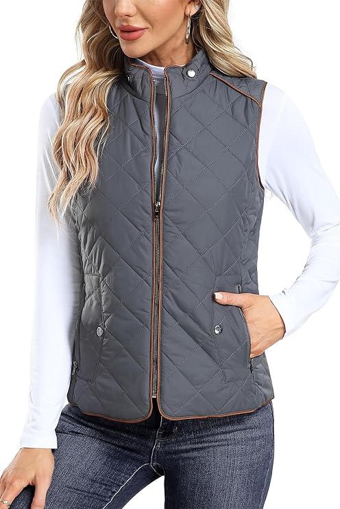 Dilgul Women Padded Vest Stand Collar Zip Up Trendy Puffer Lightweight Quilted Vest