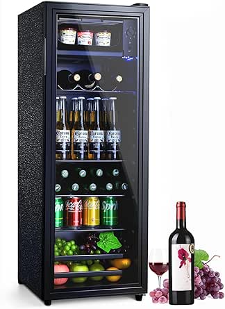 Beverage Refrigerator Cooler, 4.5 Cu.Ft Mini fridge with Freeze Beverage Fridge with Glass Door for Soda Beer or Wine, Small Refrigerator for Home Office Bar, 7 Temperatures, Adjustable Shelves