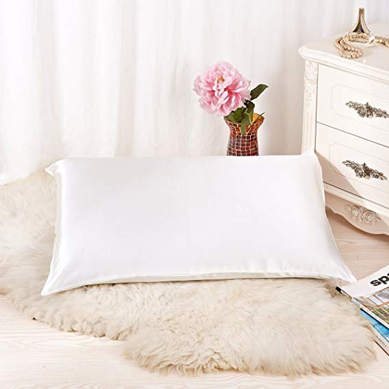 ALASKA BEAR - Natural Silk Pillowcase, Hypoallergenic, 19 momme, 600 thread count 100 percent Mulberry Silk, Queen Size with hidden zipper(Ivory white)