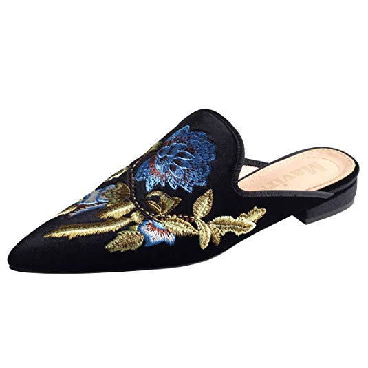 Mavirs Loafers for Women, Womens Loafers Velvet Backless Slip On Loafers Embroidery Mule Slippers
