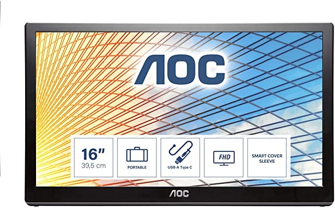 AOC e1659Fwu 16 Inch Portable LED Glossy Black USB 3.0 Monitor, Carry Case (1920x1080/8ms/USB 3.0)