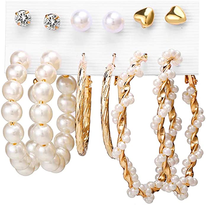Fashion Pearl Hoop Earring Sets for Women Girls Lightweight Tassel Earrings Assorted Bohemian Acrylic Dangle Drop Stud Earring Packs Jewelry Gifts for Valentine’s Day
