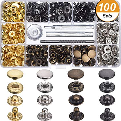 Arokimi 100 Sets Snap Fastener Kit, Metal Snaps Buttons with Fixing Tools, 6 Color Clothing Snaps Kit for Clothing, Leather, Jacket, Jeans Wear, Bags, Bracelet
