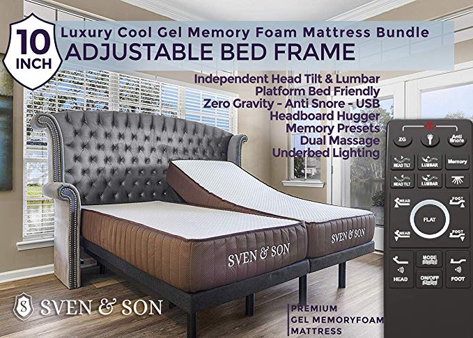 Split King Adjustable Bed Frame (Individual Head Tilt & Lumbar)   10” Cool Gel Memory Foam Adjustable beds and mattresses by Sven and Son (King Split)