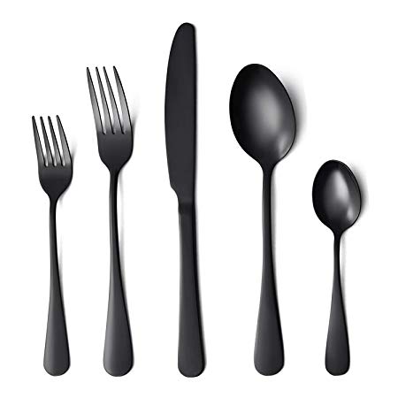 Flatware Set, 20-piece Silverware Cutlery Set with Serving Pieces, Heavy-duty Stainless Steel Utensils, Include Knife/Fork/Spoon, Mirror Finish, Dishwasher Safe, Service for 4 (Black)