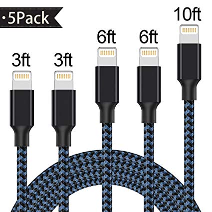 Lightning Cable,Iseason 5Pack 3FT 3FT 6FT 6FT 10FT to USB Syncing Data and Nylon Braided Cord Charger for iPhone X/8/8Plus/7/7Plus/6/6Plus/6s/6sPlus/5/5s/5c/SE and more (BlackBlue)