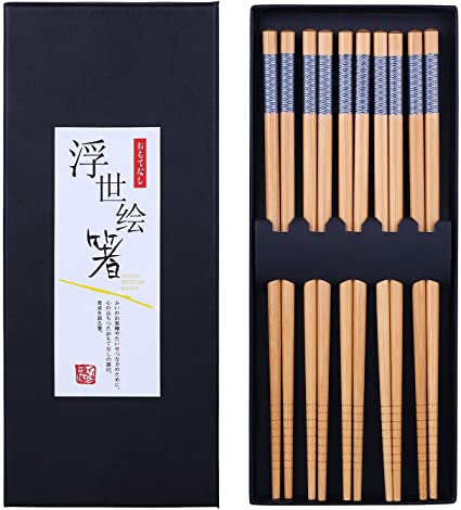 Antner 5 Pairs Bamboo Chopsticks Reusable Japanese Style Chopstick Gift Sets, Classic Natural Bamboo Chop Sticks Dishwasher Safe, 8.8 Inch/22.5cm