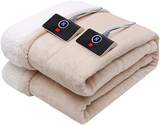 Westinghouse Electric Blanket Queen Size 84"x90" Heated Throw Flannel to Sherpa Reversible Heating Blanket, 10 Heat Settings & 12 Hours Auto Off, Machine Washable, Beige