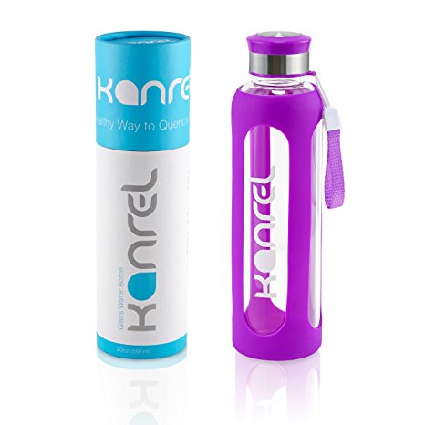 Kanrel Glass Drinking Water Bottle 32 oz / 20 oz with Silicone Sleeve Cover Protector (1 Litre XL / 600ml) Eco Friendly, Essential Oil & Dishwasher Safe