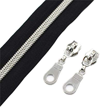 YaHoGa #5 Silver Metallic Nylon Coil Zippers by The Yard Bulk Black 10 Yards with 25pcs Sliders for DIY Sewing Tailor Craft Bags (Silver Black)