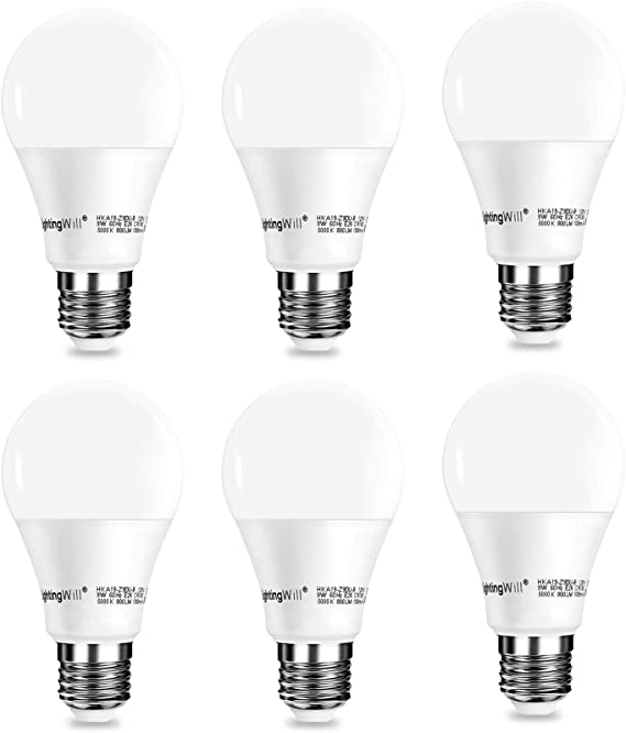 LightingWill A19 LED Light Bulb, UL-Listed CRI80  Daylight White 5000K, 800LM 9W(60Watt Equivalent), Ultra Bright Decorative Light Bulb, E26 Screw Base (6Pack)