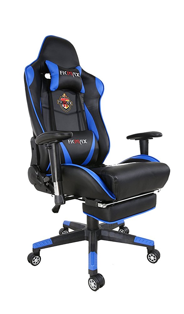 Ficmax Ergonomic Big and Tall Racing Style Leather Gaming Chair Lumbar Massage Support and Foot stool Included (Blue/Black)