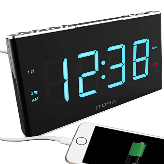 iTOMA Alarm Clock radio for bedroom,office and kids,user friendly.Dual alarm,am/fm radio,brightness dimmer,snooze,battery backup,big display,usb charger,Audio in,sleep timer,DST(Classic Alarm Clock Radio, 703)