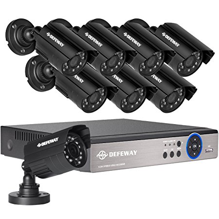 DEFEWAY Security Camera System, Battery Powered, 8 Channel 5-in-1 AHD DVR with 8pcs wired Outdoor Waterproof video cameras Without Hard Drive