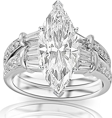 1.58 Carat t.w. GIA Certified Marquise Cut 14K White Gold Baguette And Round Brilliant Diamond Engagement Ring and Wedding Band Set (I-J Color VS1-VS2 Clarity)