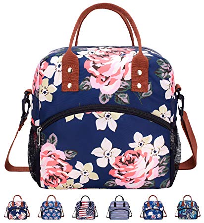 Large Stylish Insulated Lunch Bag for Women Men - Reusable Water Resistant Cooler Tote Lunch Box with Removable Shoulder Strap for Office School & Picnic-Peony Blue