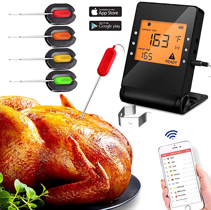 Meat Thermometer, Wireless Bluetooth Digital Thermometer with 4 Probe for Indoor Outdoor Oven Smoker BBQ Thermometer Control Supports IOS and Android Phone Monitoring