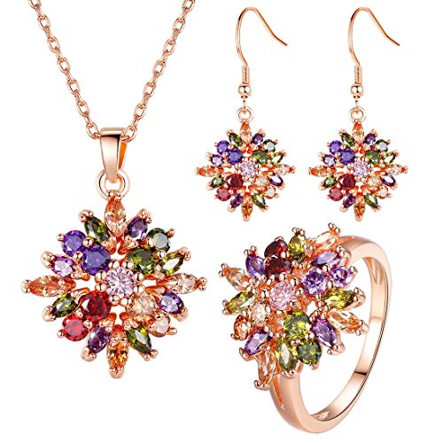 BAMOER 18K Rose Gold Plated Multicolor Cubic Zirconia Flower Earrings Necklace Ring Set Women Girls CZ Jewelry Sets