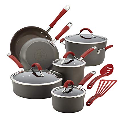 Rachael Ray Cucina Hard-Anodized Aluminum Nonstick Cookware Set, 12-Piece, Gray, Cranberry Red Handles