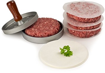 Andrew James Quarter Pounder Burger Maker Hamburger Press - Cast Aluminium Burger Press with Wooden Handle - Includes 100 Wax Discs