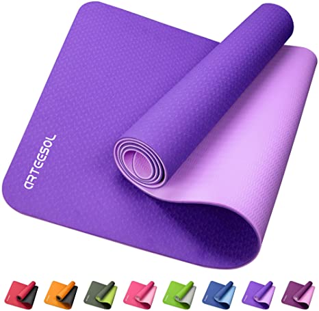 Arteesol Yoga Mat, Non Slip Exercise Mat, Anti-Tear Fitness Mat,with Carrying Strap , Eco Friendly TPE Double-Sided Yoga Mats High Density, 1/4 inch（6mm) Thick for Yoga, Pilates, Fitness & Workout Gymnastics