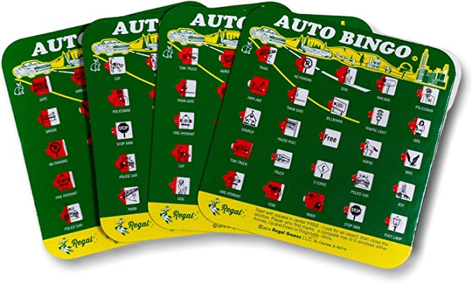 Green Auto Backseat Bingo Pack of 4 Unique Bingo Cards Great For Family Vactions Car Rides and Road Trips