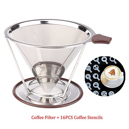NOPTEG Stainless Steel Pour Over Coffee Dripper Reusable Cone Coffee Filter Double Mesh with 16PCS Coffee Stencils,Cup Stand and Silicon Handle for 2-4 cups