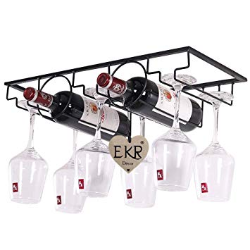 EKR Home kitchen dining wine accessories under cabinet stemware glass/bottle rack holder hanger storage organizer bar counter 2 bottles shelves rack and 3 row glass racks (2 Bottles)