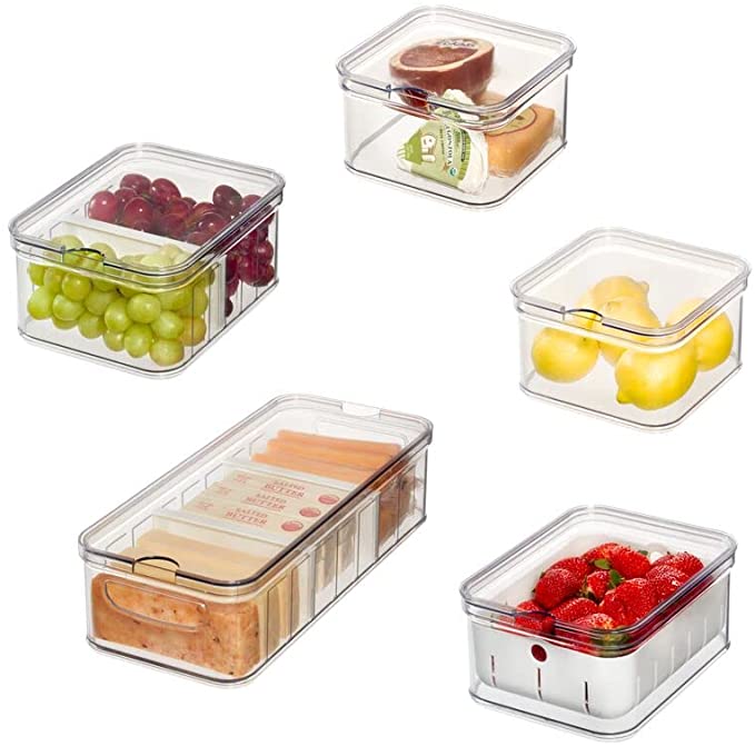 iDesign Plastic Refrigerator Organizer Bin Set The Spruce Fridge Binz, Set of 5, Clear/Matte White, 5 Count