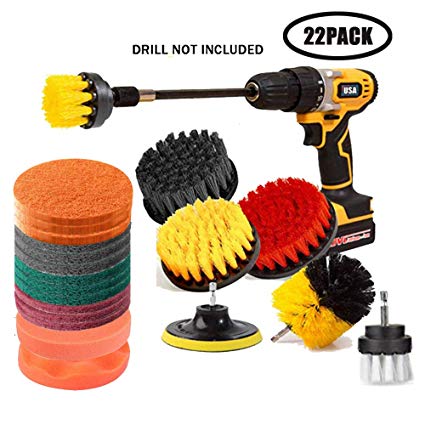 Drill Brush and Scrub Pads,JOQINEER 22 Pieces Drill Brush Attachment Set with Long Reach Attachment in Box for Bathroom Shower Scrubbing, Carpet Cleaning, Grout Scrubbing, and Tile Cleaning(22pcs)