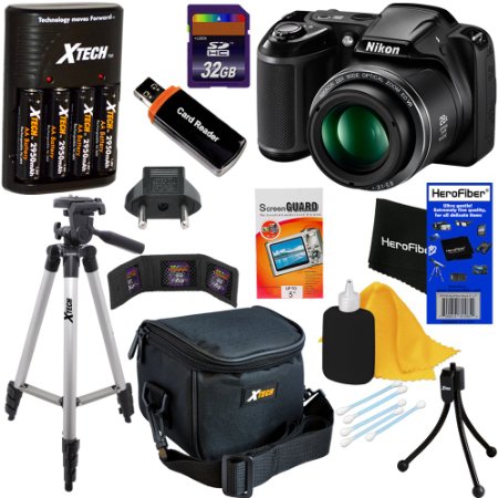 Nikon COOLPIX L340 Digital Camera with 28x Zoom and Full HD Video Black International Version  4 AA Batteries and Charger  32GB Dlx Accessory Kit wHeroFiber Cleaning Cloth