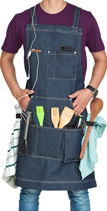 fjackets Chef Apron, Adjustable Blue Denim Work Apron for Men & Women - Multiple Pockets Kitchen Tools and Chefs Apron - Non Leather Ideal Bar Apron, Canvas Apron, Cook Apron for BBQ Accessories