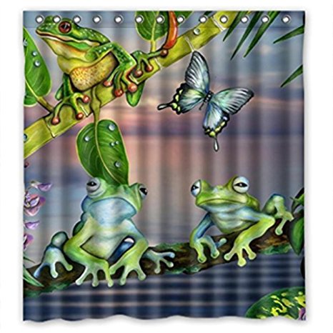 Home&Family Cartoon Butterfly Frog Green Leaves High Quality Fabric Bathroom Shower Curtain with Hooks 66 x 72 Inches