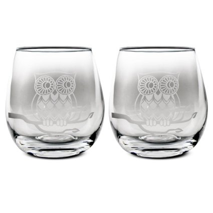 TMD Holdings Etched Owl Stemless Wine Glasses, Set of 2