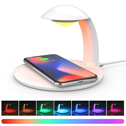 Antank LED Desk Lamp Fast Wireless Charging Pad, Wireless Charger with 7 Different Lights, Protect Your Eyes with Suitable Soft Glow (White)