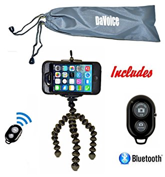 Flexible Tripod - Cell Phone Tripod Adapter - Bluetooth Remote Control - Travel Bag - iPhone 7 6 6S SE 5 5s 5c 4s 4, Samsung Galaxy S7 S6 S5 S4 S3 S2 - DaVoice (Black/Gray)