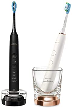 Philips Sonicare DiamondClean 9000 Set of 2 Electric Toothbrushes: Rose Gold & Black, 4 Modes, 3 Intensities, Gum Pressure Sensor, App, Connected, Charging Glass, UK 2-Pin Bathroom Plug - HX9914/57