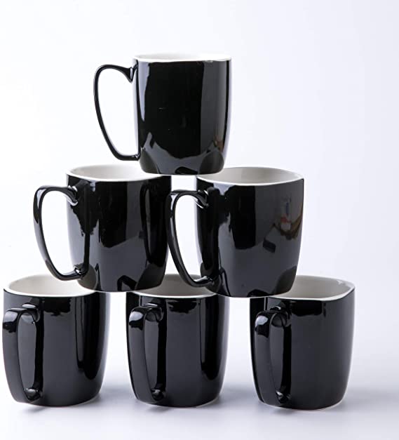 Amuse- Professional Porcelain Bistro Collection Daily Mugs- Set of 6-14 oz (Classic Black)