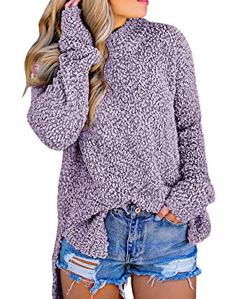 MEROKEETY Women's Long Sleeve Sherpa Fleece Knit Sweater Side Slit Pullover Outwears