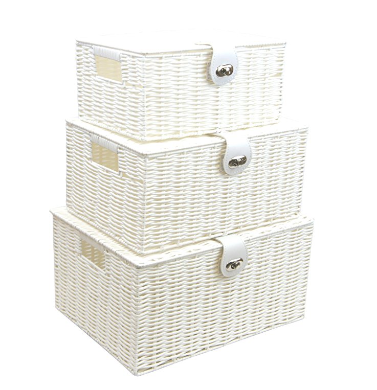 Arpan Set of 3 Resin Woven Utility Storage Basket Box With Lid & Lock (White)
