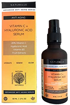 Naturelle Anti Aging 20% Vitamin C + Hyaluronic Acid Face Serum, Niacinamide, DOUBLE SIZE, Fruit Extracts, Premium 100% Natural Ingredients. Hydrate, Renew & Glow. Cruelty Free (2 Fl Oz)