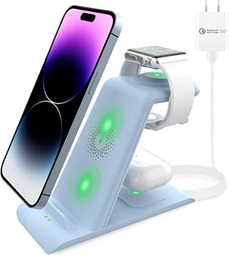 Wireless Charger 3 in 1, 15W Fast Wireless Charging Station for Apple Watch Ultra 8 Se 7 6 5 4 3 AirPods Pro 3 2 Wireless Charger Stand for iPhone 14/13/12/11 Plus/Pro Max/X/XR/Xs Max/SE/8/8 Plus-Blue