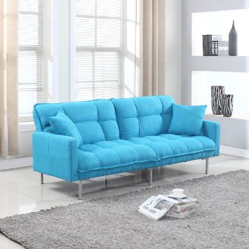 Divano Roma Furniture Collection - Modern Plush Tufted Linen Fabric Splitback Living Room Sleeper Futon (Light Blue)